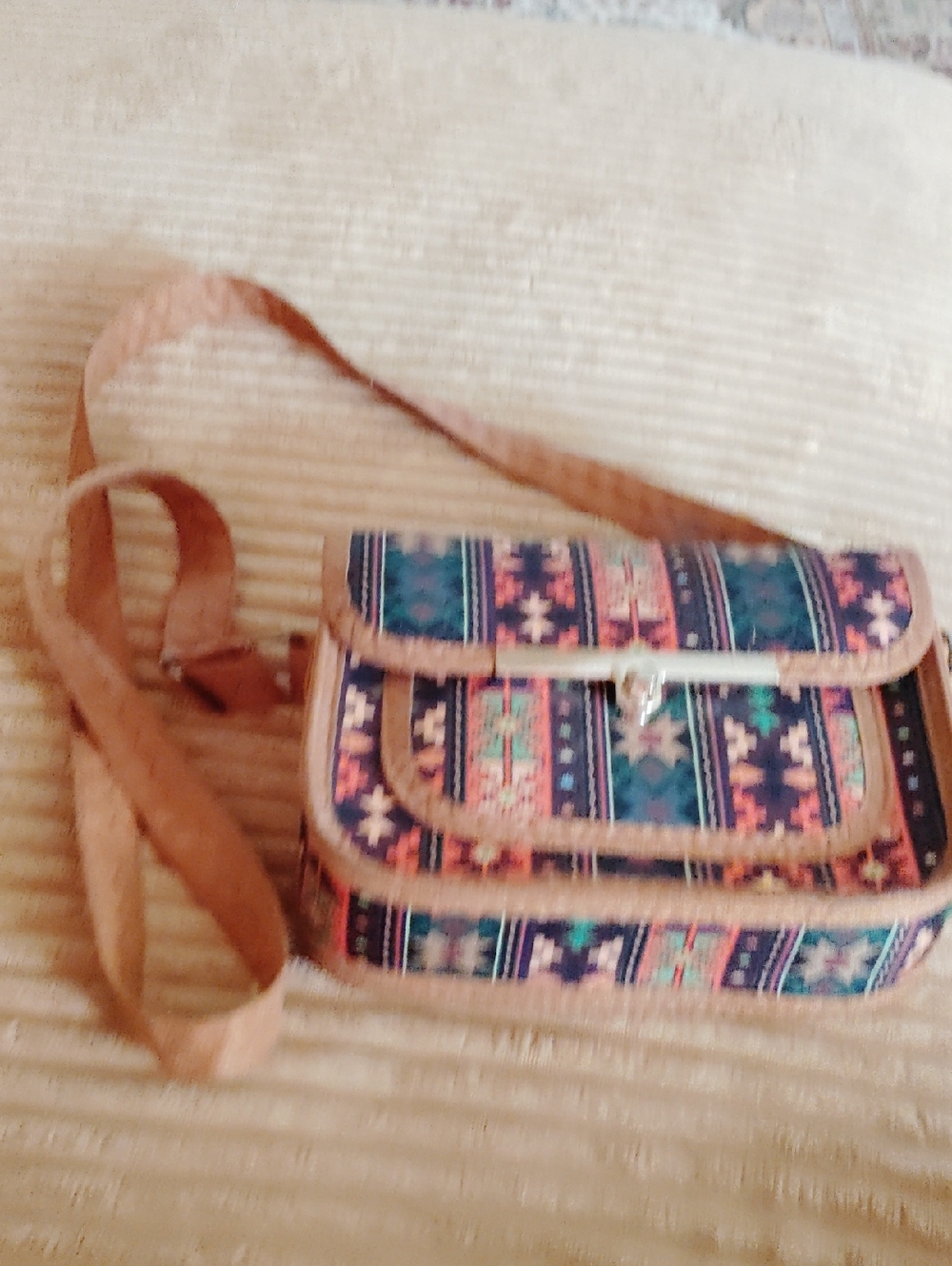 Boho Pattern Crossbody Bag in Multi-Color with Tan Trim